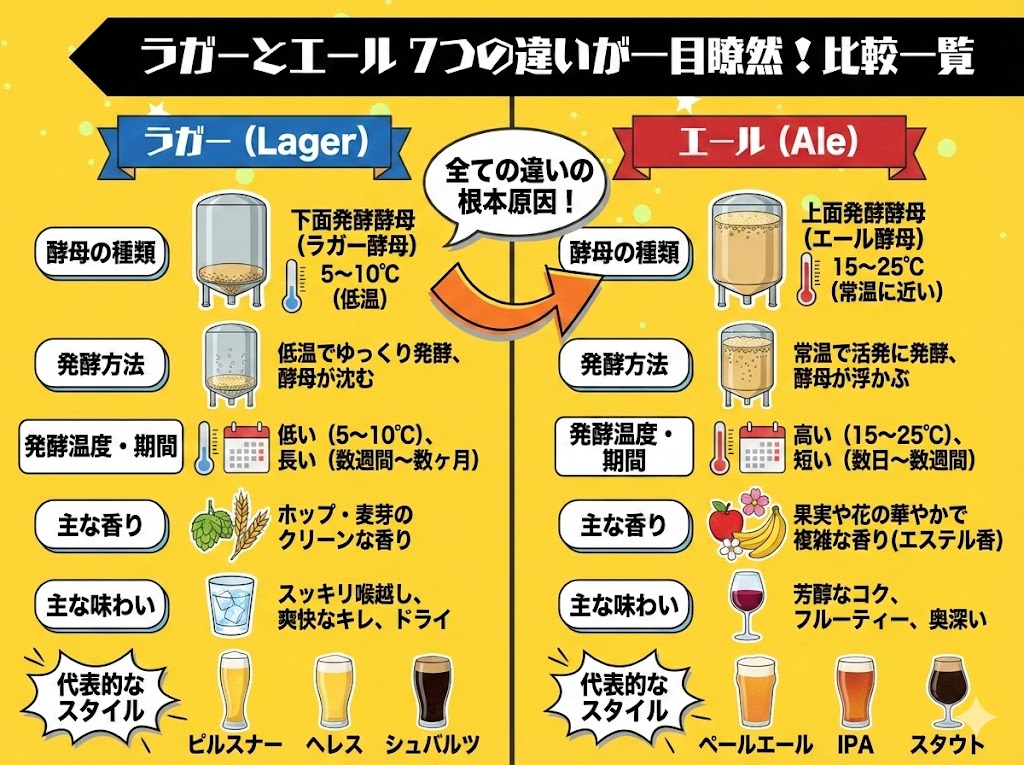 結論から解説|ラガーとエールの違いが一目でわかる比較一覧