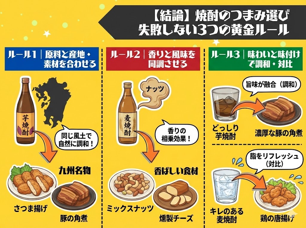 【結論】焼酎のつまみ選び 失敗しない3つの黄金ルール
