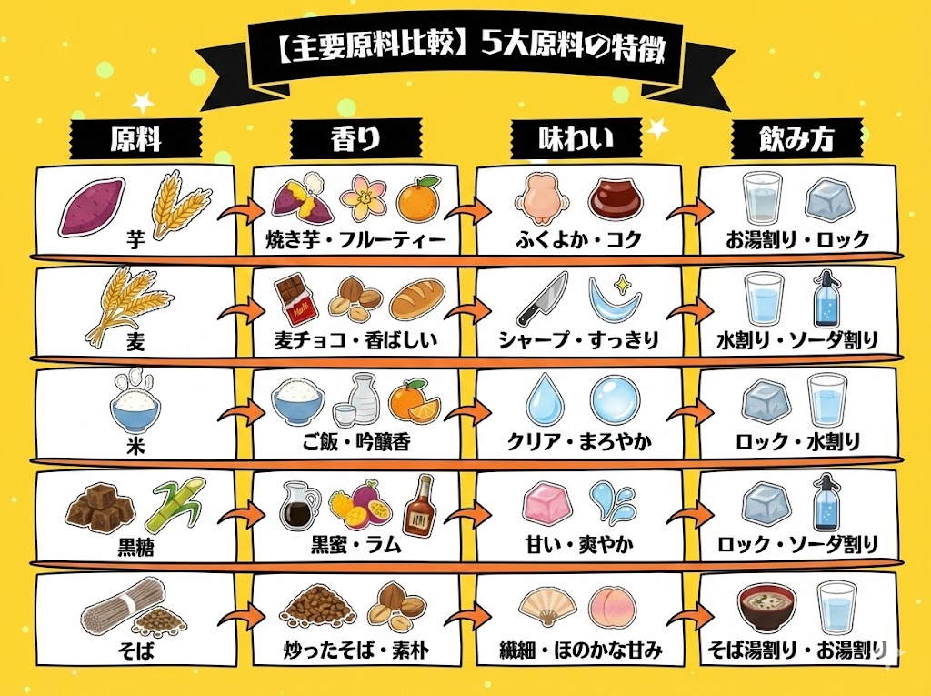 【主要原料比較】5大原料の特徴を一覧で理解する