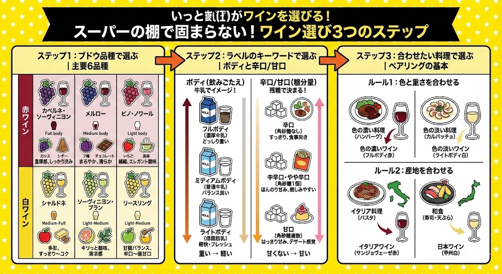 スーパーの棚で固まらない!ワイン選び3つのステップ
