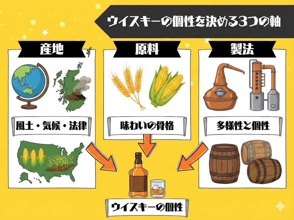 まず押さえるべきウイスキーの種類を理解する3つの軸