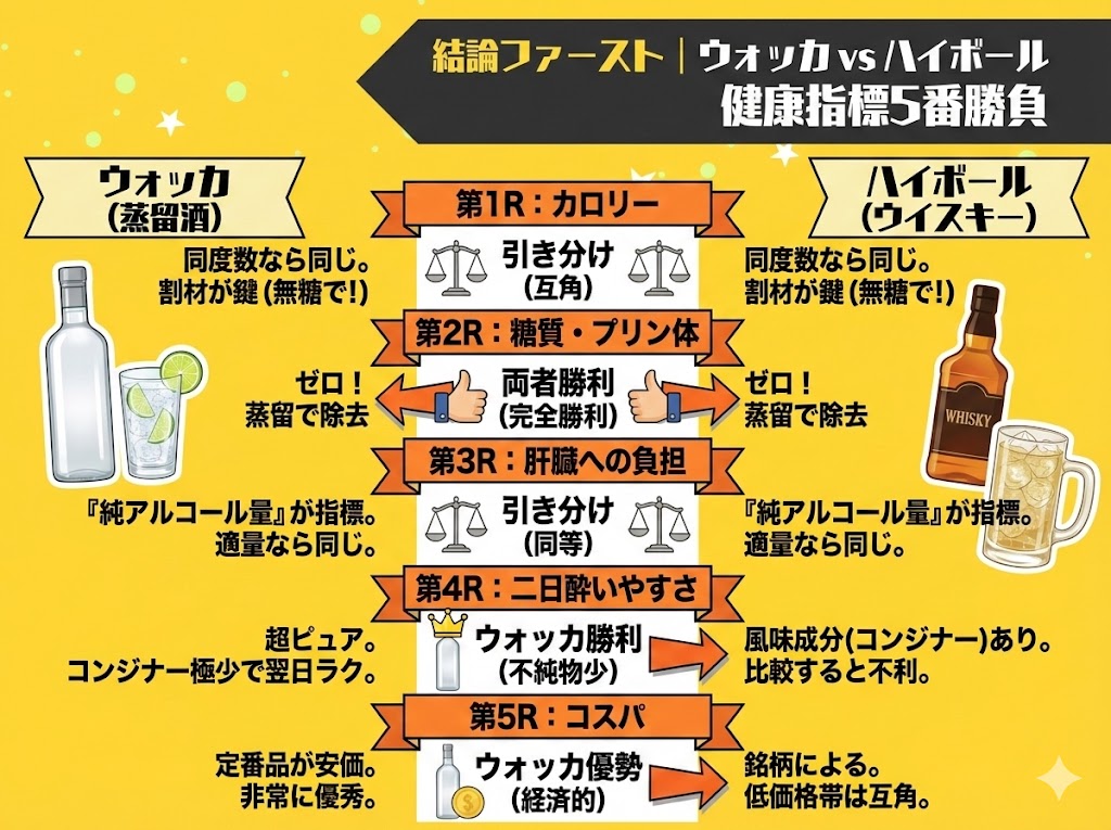 結論ファースト|ウォッカ vs ハイボール 健康指標5番勝負