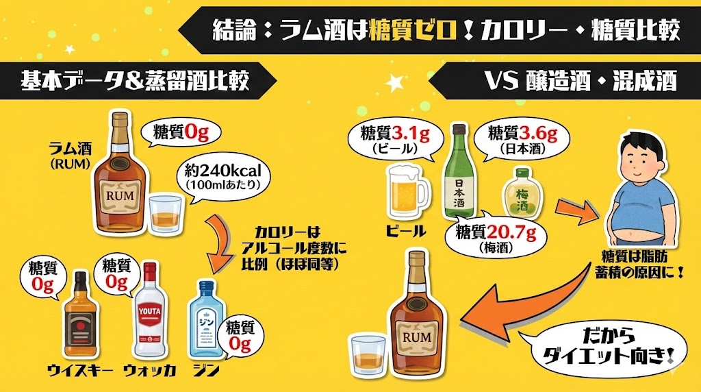 【結論】ラム酒は糖質ゼロ！主要なアルコールとのカロリー・糖質比較
