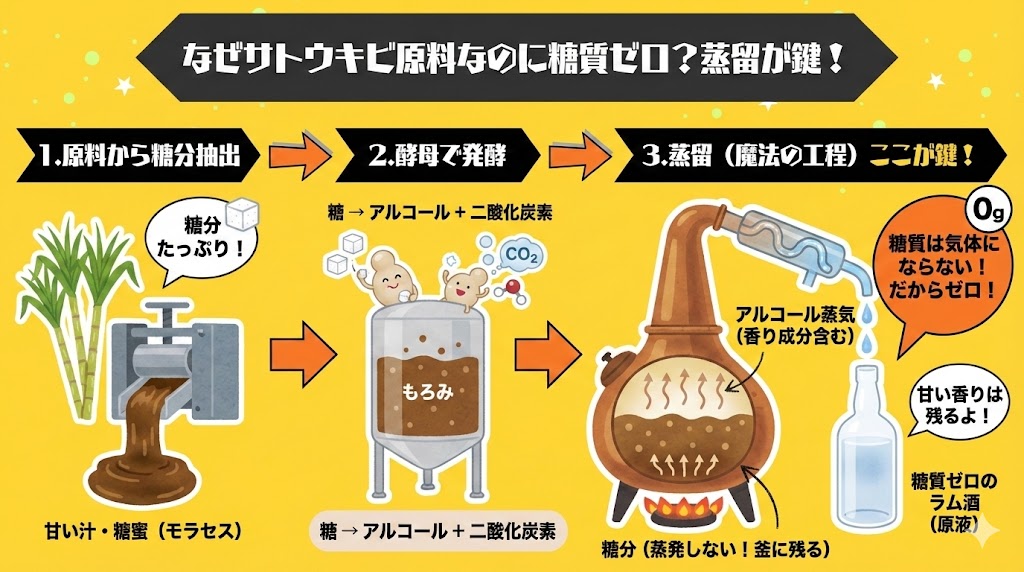 なぜサトウキビ原料なのに糖質ゼロ？蒸留が鍵を握る製造工程の仕組み