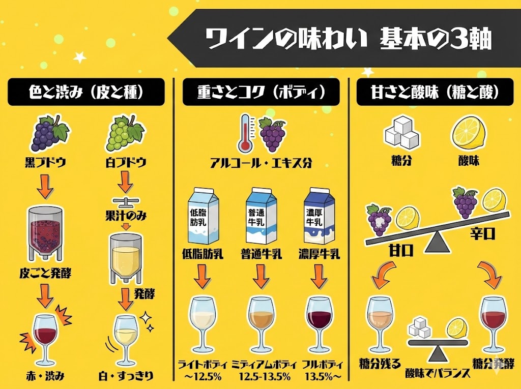 ワイン選びの地図を手に入れる｜味の決め手となる3つの基本軸