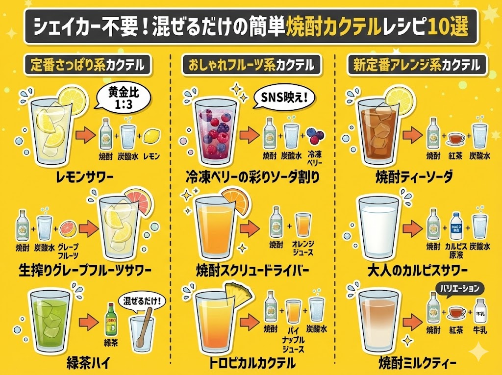 シェイカー不要!混ぜるだけの簡単焼酎カクテルレシピ10選