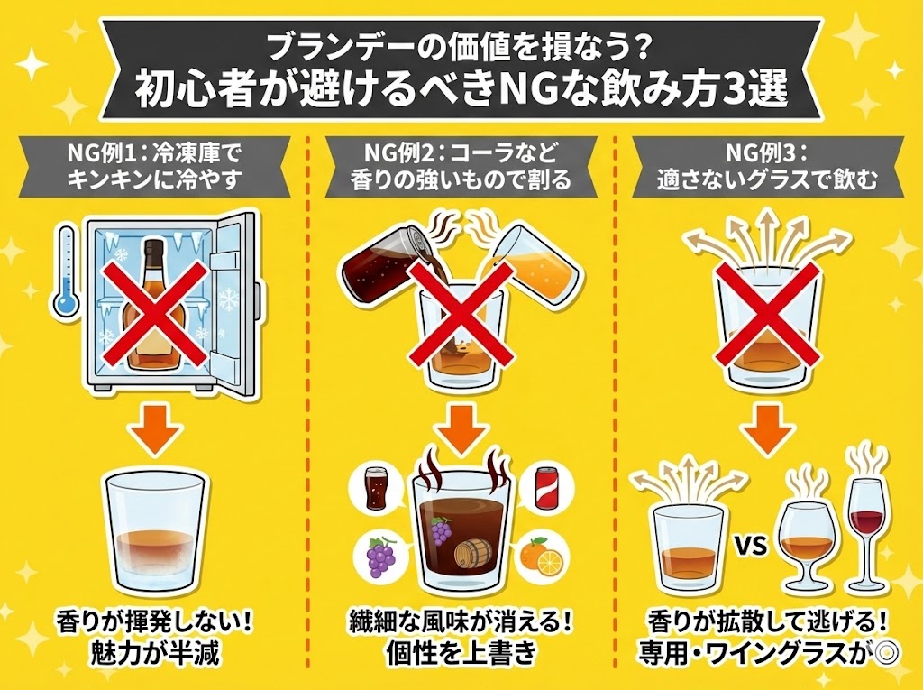 ブランデーの価値を損なう？初心者が避けるべきNGな飲み方