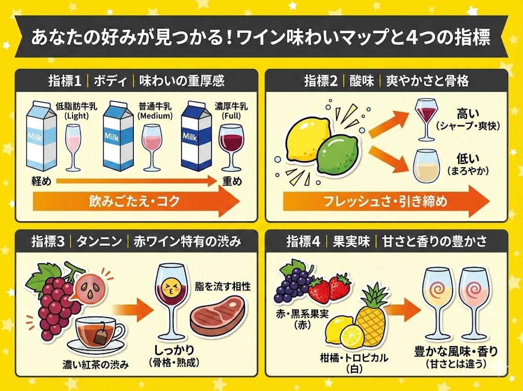 あなたの好みが見つかる!ワイン味わいマップと4つの指標
