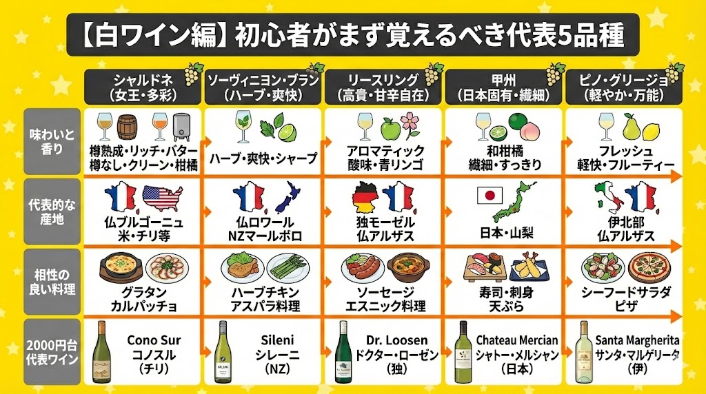 【白ワイン編】初心者がまず覚えるべき代表5品種