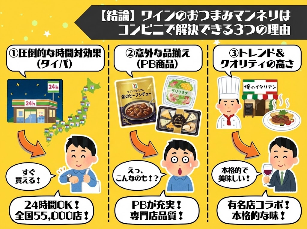 【結論】ワインのおつまみマンネリはコンビニで解決できる3つの理由