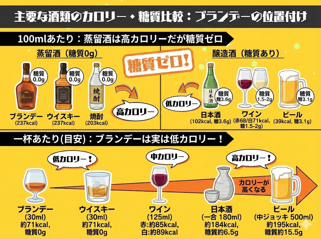 主要な酒類のカロリー・糖質を一覧比較｜ブランデーの位置付け
