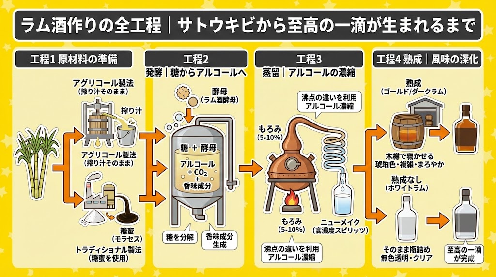 ラム酒作りの全工程｜サトウキビから至高の一滴が生まれるまで