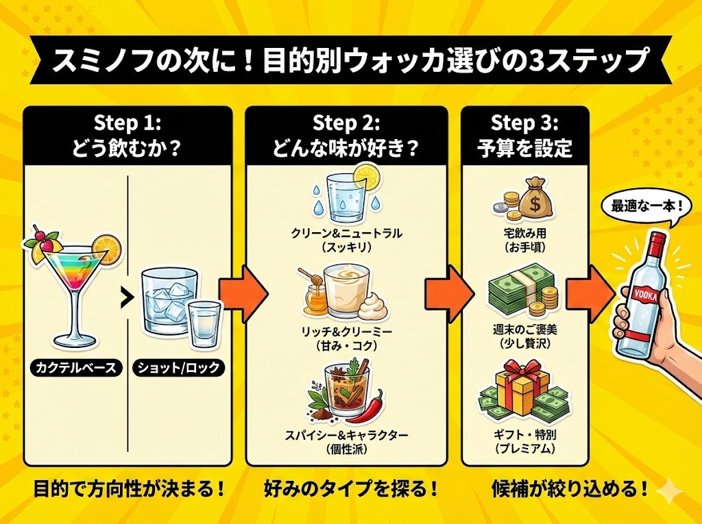 スミノフの次に買うべき一本は?目的別ウォッカ選びの3ステップ