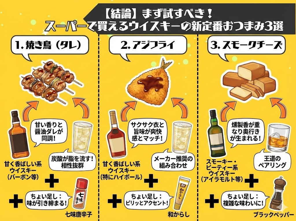 【結論】まず試すべき！スーパーで買えるウイスキーの新定番おつまみ3選