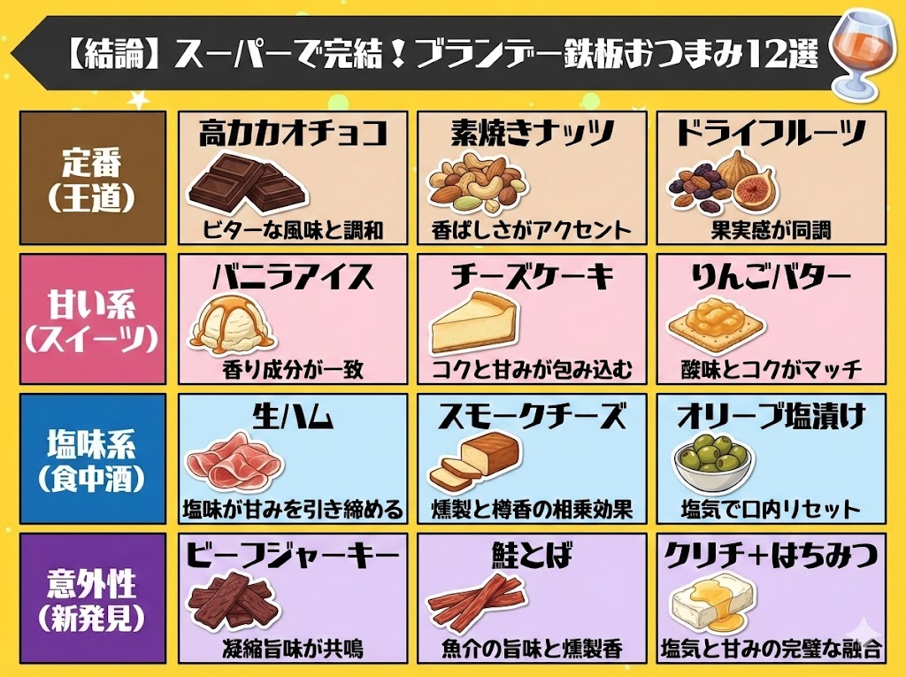 【結論】スーパーでこれを買えば正解!ブランデーに合う鉄板おつまみ12選
