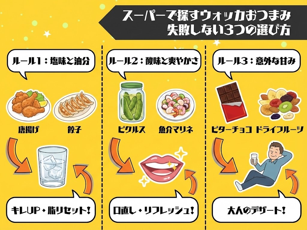 スーパーで探すウォッカおつまみ！失敗しない3つの選び方