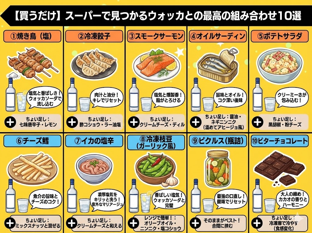【買うだけ】スーパーで見つかるウォッカとの最高の組み合わせ10選