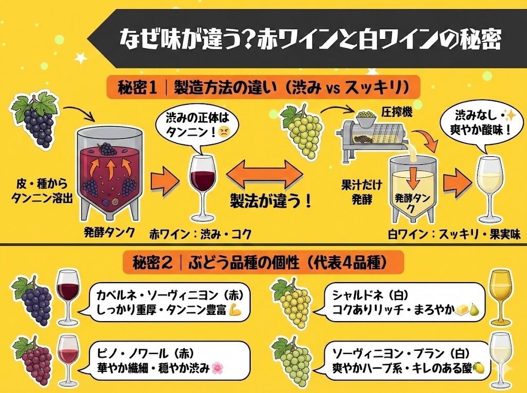 なぜ味が違うの?製造方法とぶどう品種の基本
