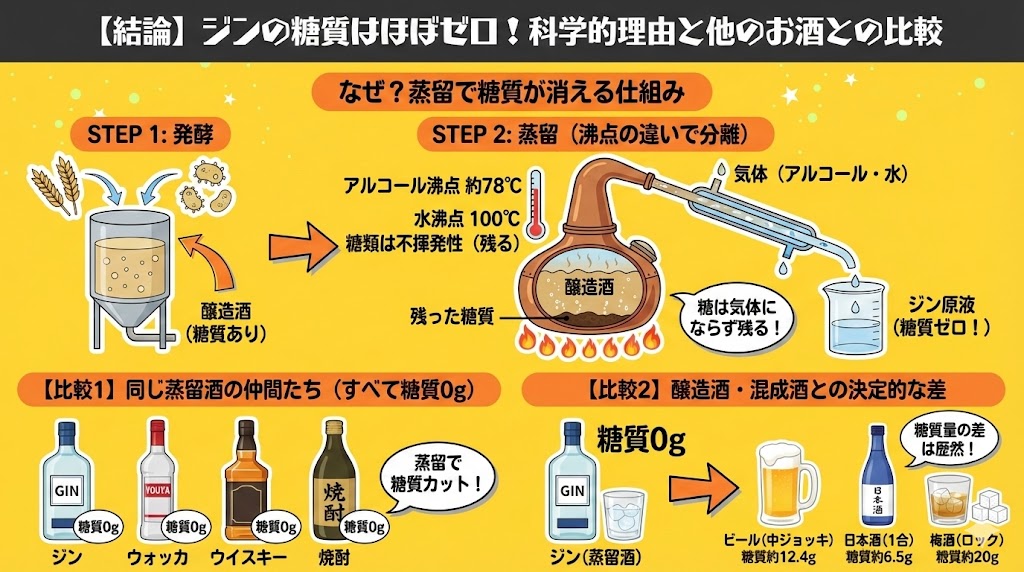 結論|ジンの糖質はほぼゼロ!その科学的な理由と他のお酒との比較