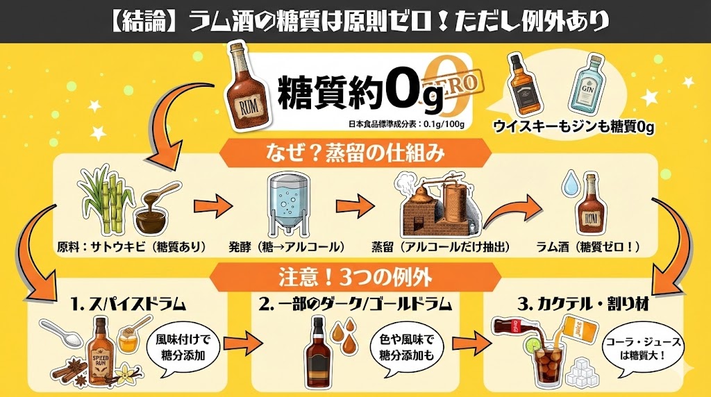 【結論】ラム酒の糖質は原則ゼロ｜ただし注意すべき3つの例外
