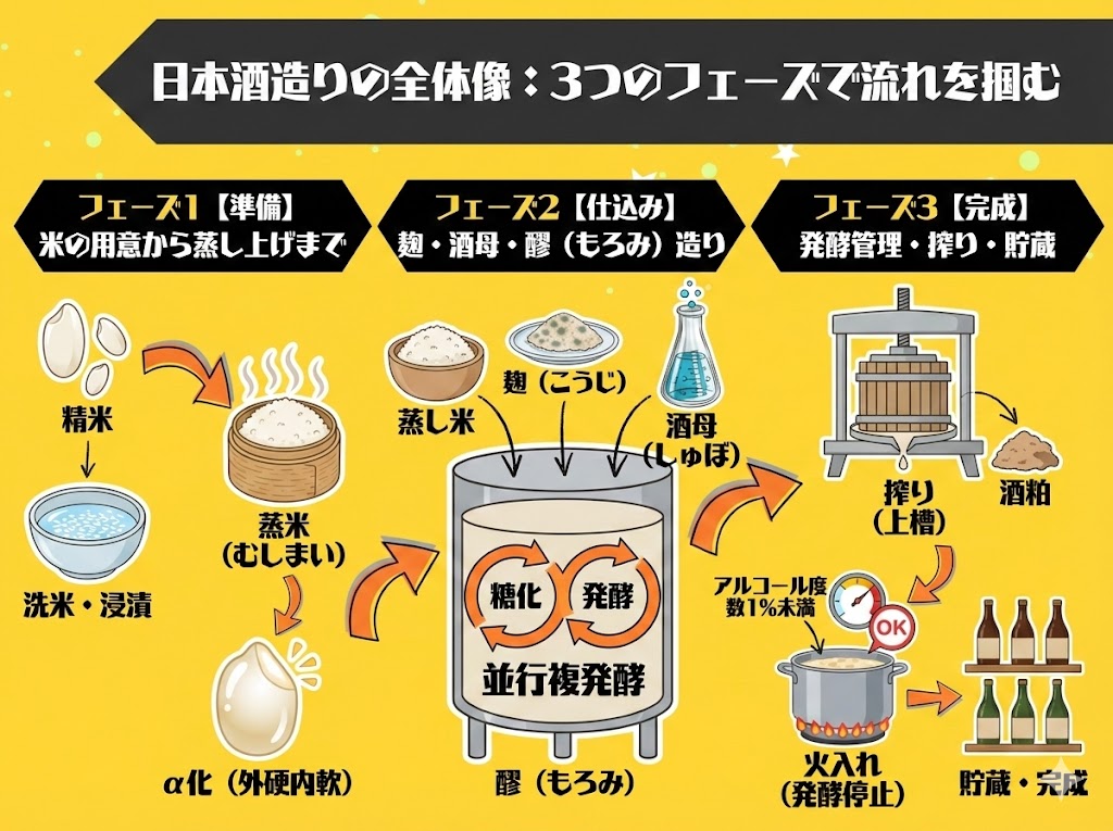 日本酒造りの全体像 3つのフェーズで流れを掴む