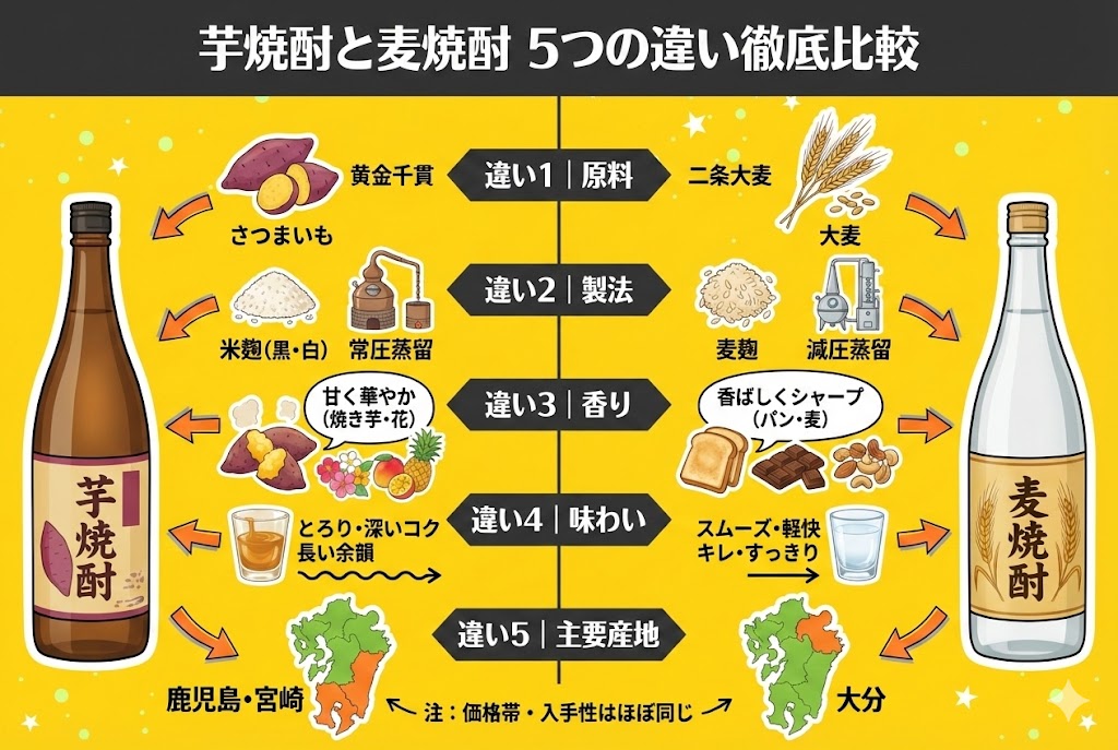 芋焼酎と麦焼酎 5つの違いを徹底比較