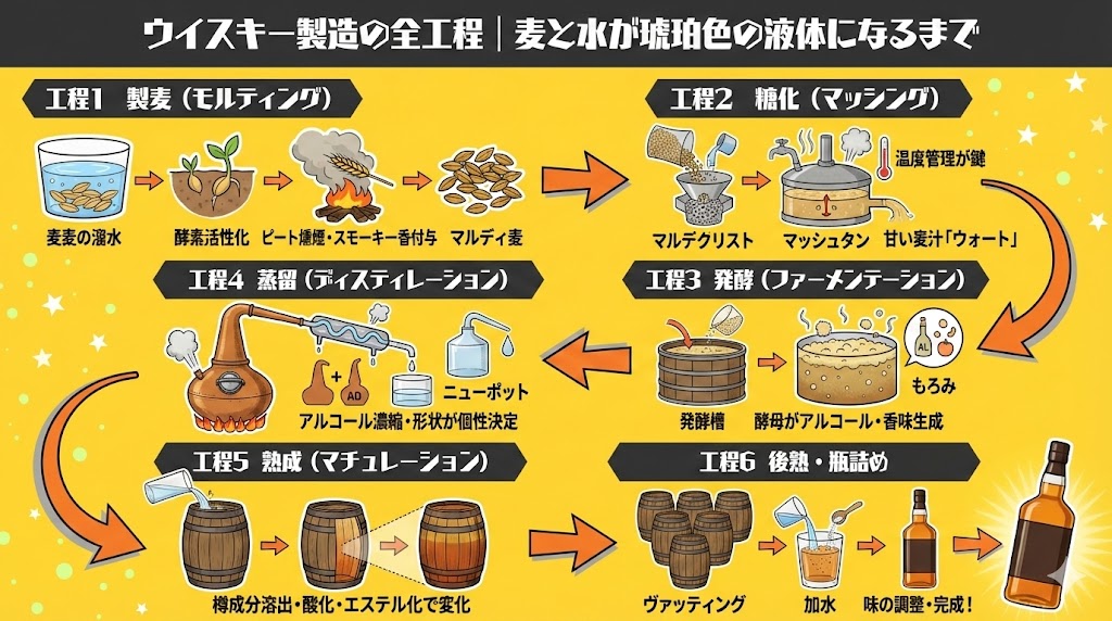 ウイスキー製造の全工程|麦と水が琥珀色の液体になるまで