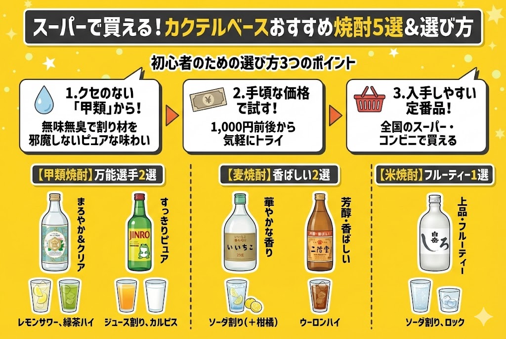 カクテルベースに最適!スーパーで買えるおすすめ焼酎5選