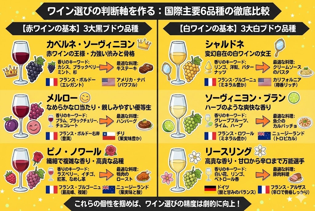 ワイン選びの判断軸を作る 国際主要6品種の徹底比較
